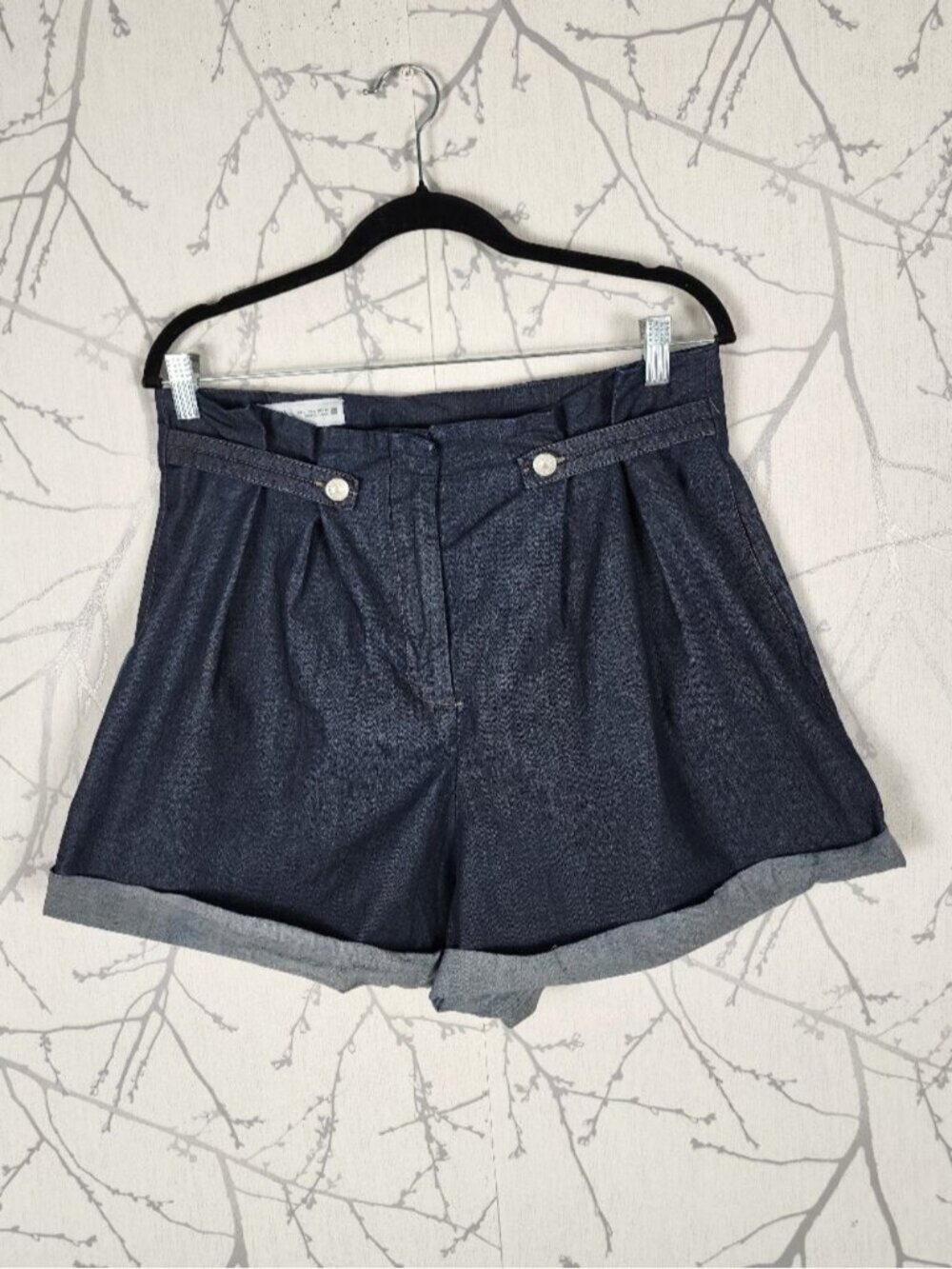 Zara Dark Wash Stretch Denim High Rise Paperbag Shorts